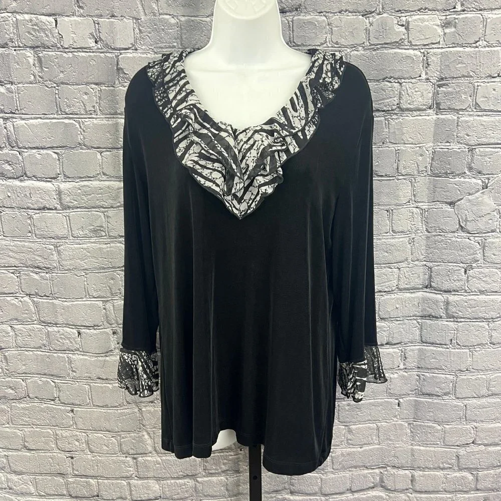 Chico's Travelers Shirt Slinky V-Neck Ruffle Trim Black Size 3 XL 16 - Picture 5 of 8